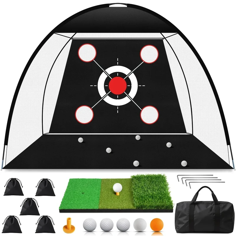 EXOEMTS Golf Net 10x7FT with Tri-Turf Mat, Ball, Target & Bag, All-in-One Golf Practice Hitting Net for Backyard Driving, Chipping & Swing, Indoor Outdoor Training Aid, Gift for Men Dad Him Golfer