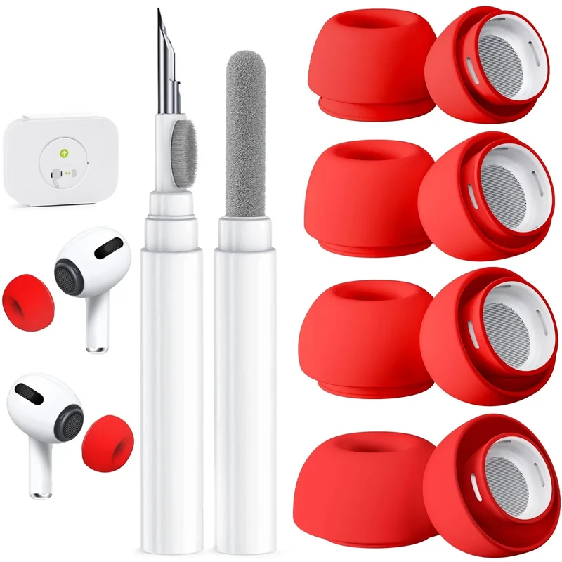 4 Pairs Replacement Ear Tips for AirPods Pro 2nd/1st Generation with Cleaner kit,Noise Reduction Holewith & Built-in dust Guard Screen(Red)