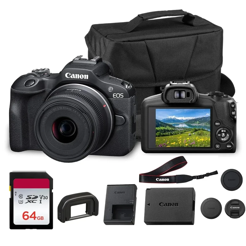 Canon EOS R100 Mirrorless Camera with RF-S 18-45mm f/4.5-6.3 is STM Lens | 24.1MP APS-C CMOS Sensor, Dual Pixel AF, Full HD Video | Compact RF Mount Camera for Beginners with Bag and 64GB Card