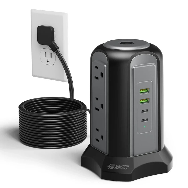SUPERDANNY 15Ft Strip Tower - 9 Outlets + 4 USB 1080J Surge Protector