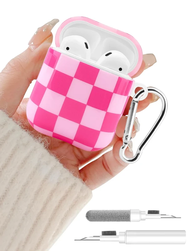 Aitipy Compatible with Airpods 2nd 1st Generation Case, Cute Hot Pink Chessboard Aesthetic Design with Carabiner, Soft TPU Skin Anti-Scratch Shockproof Protective Cover for Women Girls