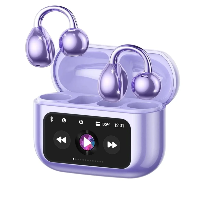 Elegant Touchscreen Clip-On Earbuds, Wireless Open Ear Headphones with 1.3" Color Display, Bluetooth 6.0, 50H Playtime, Ultra-Light 4.1g, IPX5 Waterproof, Perfect for Yoga/Running/Workouts,purple