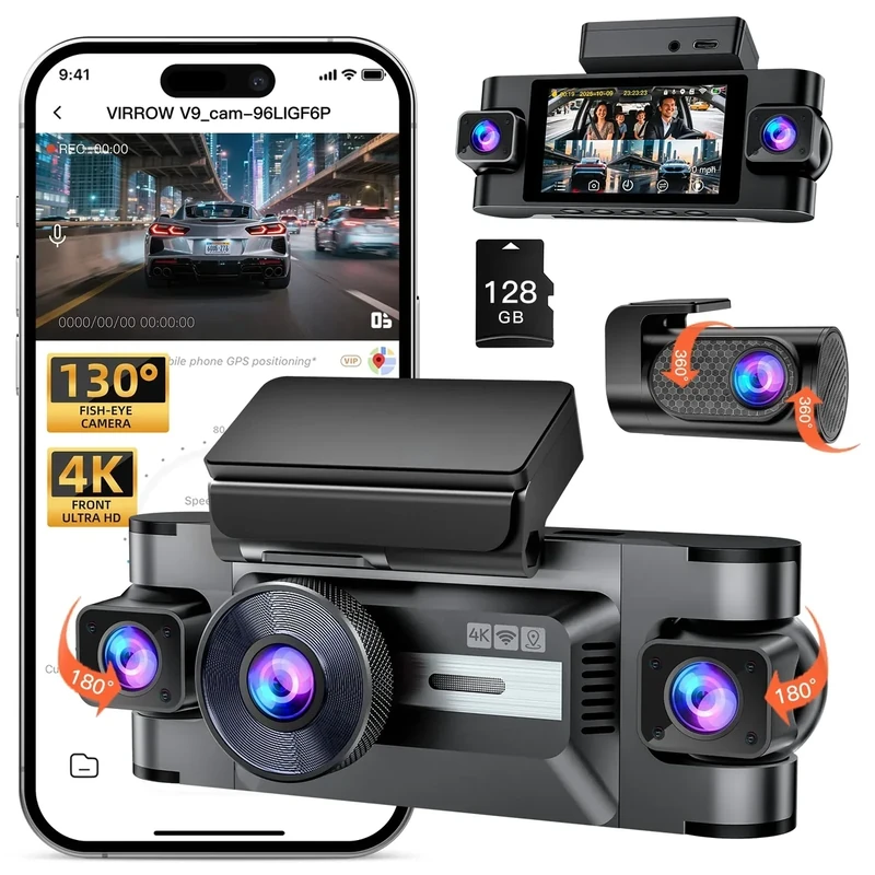 360° Dash Cam Front and Rear: 4 Channel 4K Dash Camera for Cars with GPS 5G WiFi and Free 128GB Card - Voice Control Car Dash Camera with G-Sensor Super Night Vision 24H Parking Monitor