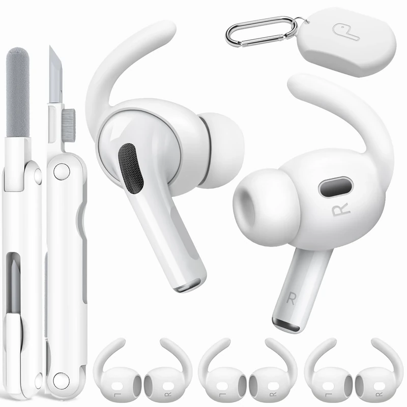 TNSNK 4 Pairs for Apple Airpods Pro 2nd Generation Ear Hooks, Silicone Anti-Slip for AirPods Pro Ear Hook with Storage Pouch, Cleaning Kit, Carabiner