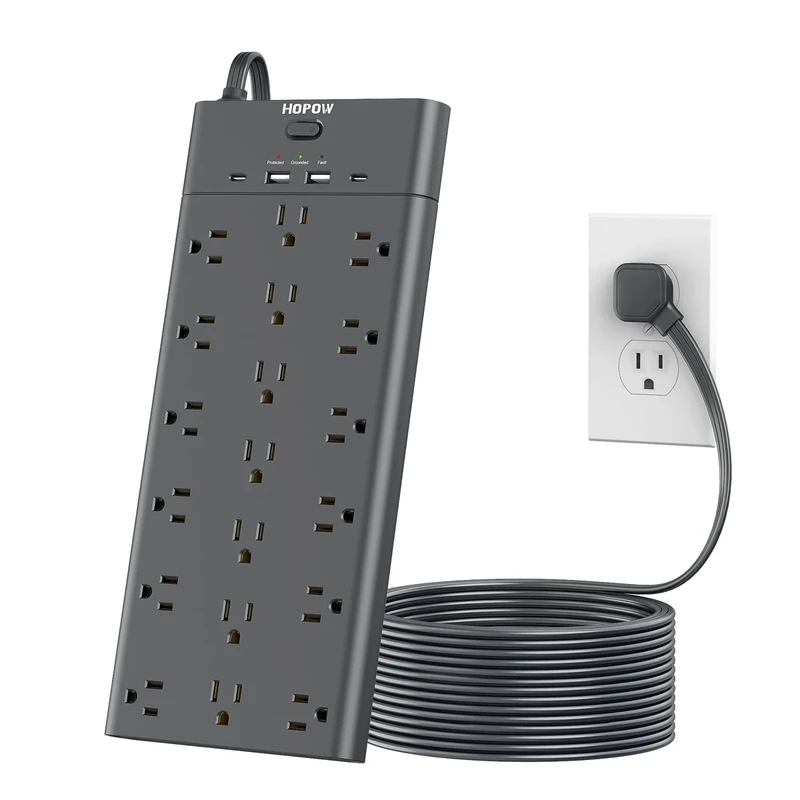 Surge Protector Power Strip with 19 Outlets and 4 USB Ports, HOPOW 15 Ft Flat Plug Heavy Duty Extension Cord, 1875W, 2100J Surge Protection, Wall Mount for Home, Office, Gaming Room, Dorm, Black