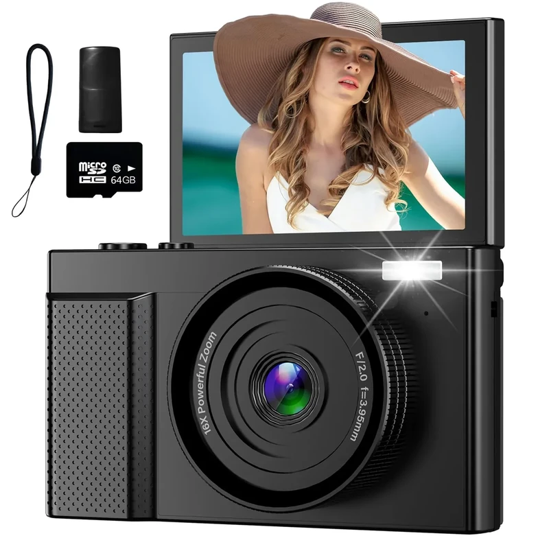 4K Digital Camera for Photography, 64MP Vlogging Video Camera for YouTube with 3'' 180°Flip Screen, 64GB Micro SD Card, 16x Digital Zoom Point Shoot Compact Travel Vintage Cameras (Black)
