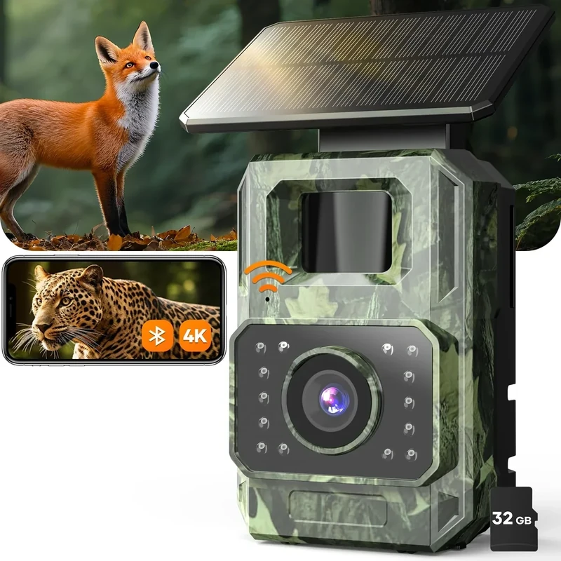 Assark Trail Camera 64MP 4K with Fixed Solar Panel, 6000mAh Game Camera with Night Vision Motion Activated Waterproof IP66 for Wildlife Deer Critter, Outdoor WiFi Trail Cam, 32GB SD Card Included