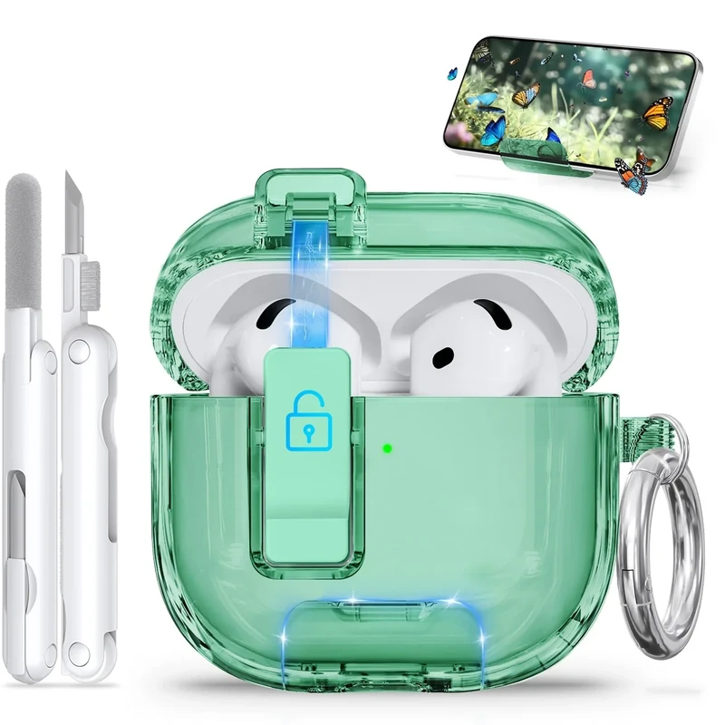 for AirPods 4 Case with Phone Stand & Safety Lock, Auto-Open Clear AirPod Case Compatible with Apple AirPods 4th Gen 2024, Anti-Scratch & Shockproof Protective Cover with Cleaning Kit & Keychain