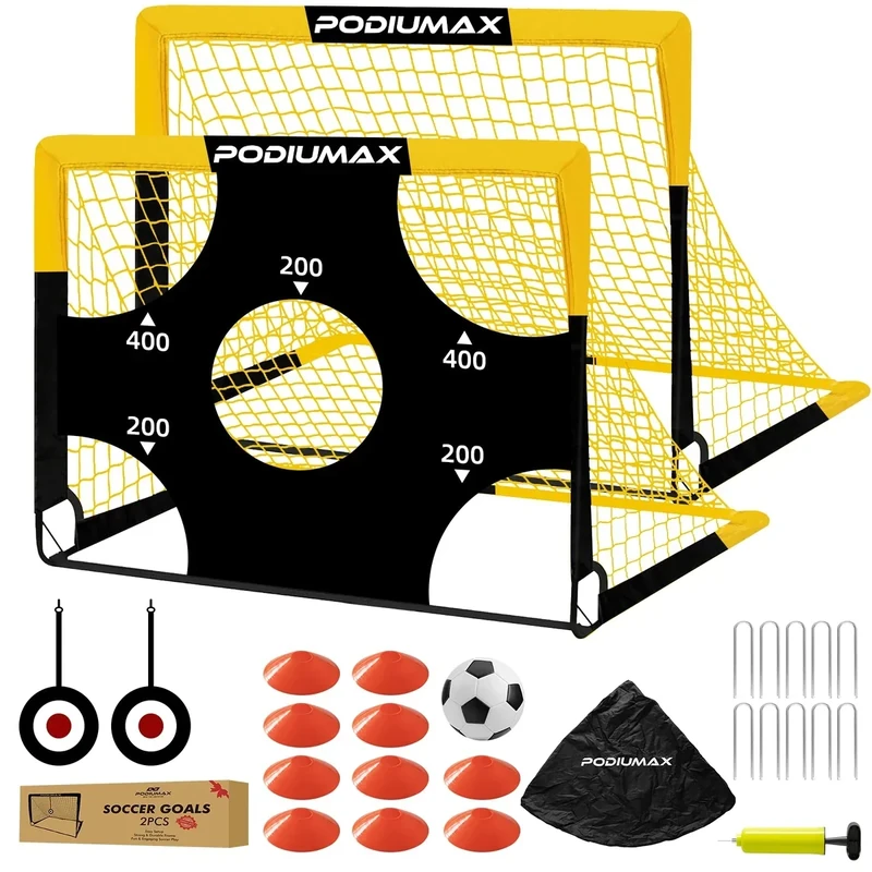 PodiuMax Kids Soccer Goal Set of 2, 4x3ft Pop up Portable Soccer Goals for Backyard, Soccer Net for Kids Age 3 4 5 6 7 8, Toddler Soccer Goal Gift with 1 Ball, 1 Target Net, 10 Cones, 2 Targets
