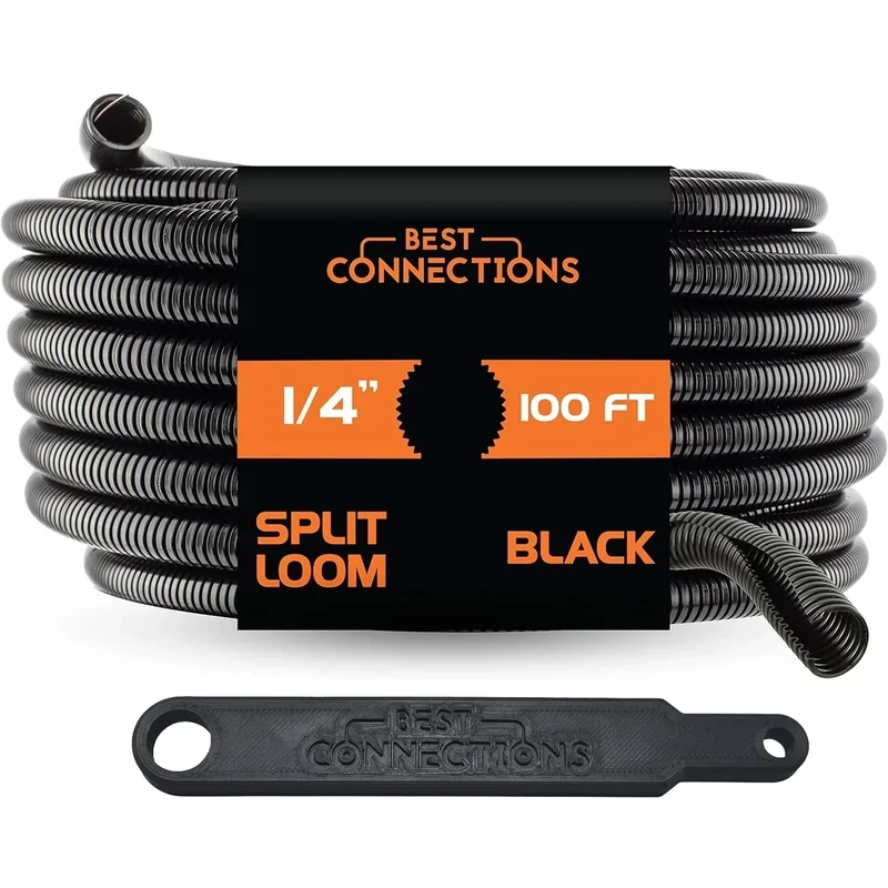 BEST CONNECTIONS 1/4" x 100 ft Split Wire Loom Flex-Guard Convoluted Tubing with Installation Tool - Protective Cable Sleeves for Automotive Home Electrical Wires Chemical Resistant Conduit Black