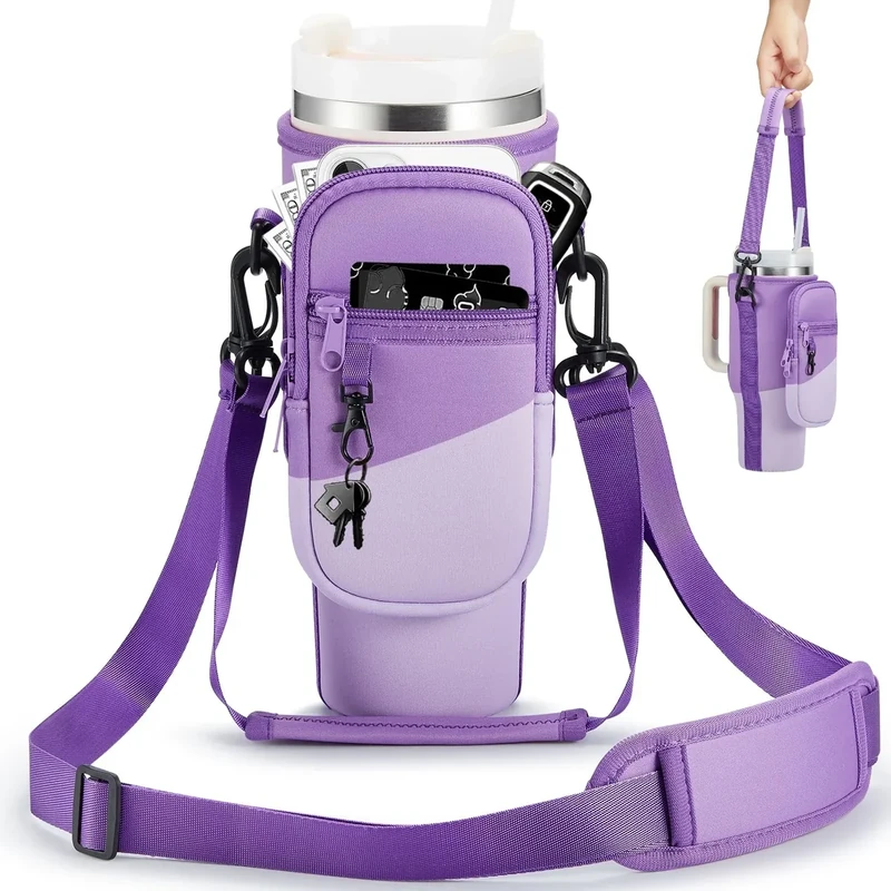 BULKITEM 30oz Water Bottle Carrier Bag with Phone Pocket for Gradient Purple Stanley 30 oz Tumbler with Handle, Insulated Neoprene Cup Holder Pouch Strap for Valentines Stanley Cup Accessories