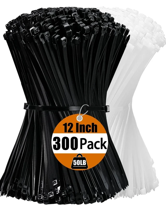 Zip Ties 12 Inch Cable Ties 300 Pack Cable Zip Ties Black+ Clear Tie Wraps with 50 Pounds Tensile Strength, Self-Locking Cable Ties, UV Resistant Nylon Wire Ties for Indoor and Outdoor