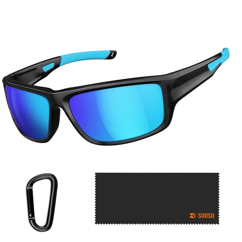 suoso Sports Polarized Sunglasses for Men: Women UV400 Protection Wrap Around Sun Glasses for Fishing Golf Running Driving - blue rope Carabiner