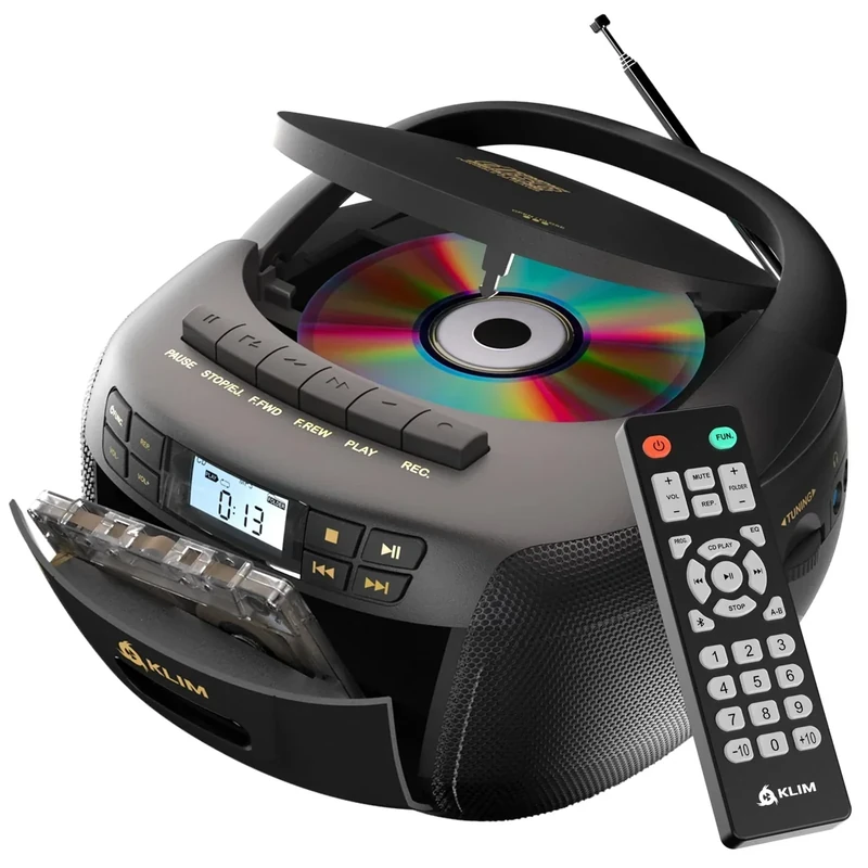 KLIM CD Player & Cassette Tape Player, Bluetooth Boombox, AM/FM Radio, Stereo Sound, Remote, CD and Cassette Combo, Tape Recording, USB Drive, AUX, AC/DC Powered