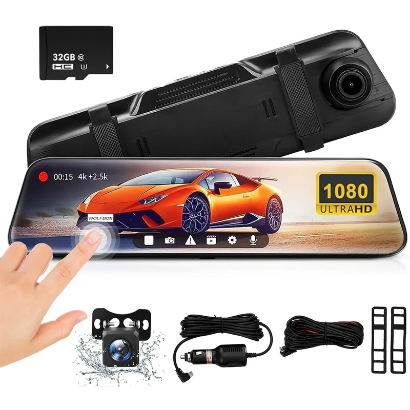 10'' Mirror Dash Cam, 1080P FHD IPS Touch Screen Front and Rear View Backup Camera for Cars Loop Recording Streaming Media, 170°Wide Angle Parking Assistance with 32GB Memory Card