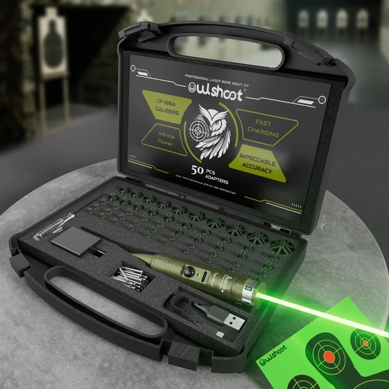 OWLSHOOT Rechargeable Bore Sight Laser Kit: Green Laser Boresighter with 50 Adapters Fit for All Gun(0.17 to 12GA) - Multiple Caliber Quick Zeroing for Rifle Pistol - Shooter Essential