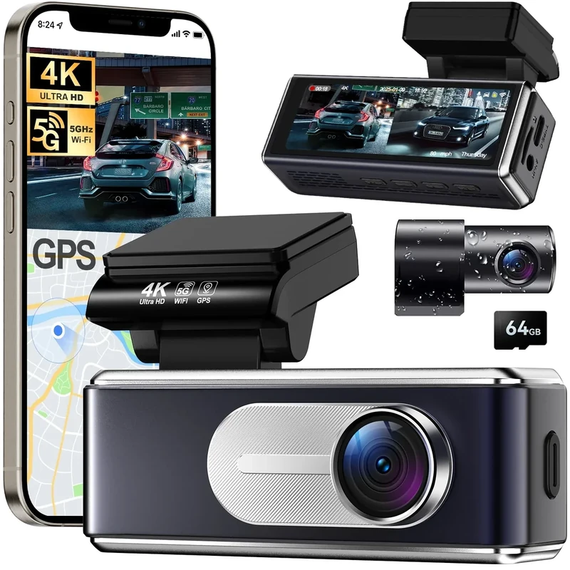 Csyibeielec Dash Cam Front and Rear - 4K HD Dual Dash Camera for Cars, Built-in 5G WiFi GPS, 64GB Card, Dashcam with 3.2" IPS Screen, UHD Night Vision, HDR, App Control, 24H Parking Monitor