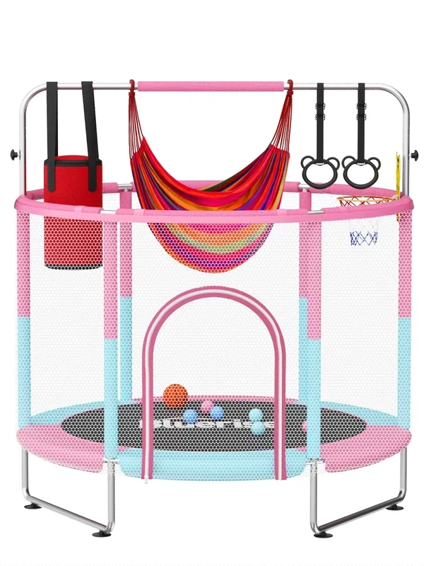 BLUERISE 55IN Toddler Trampoline for Kids Indoor/Outdoor Baby Trampoline with Adjustable Gymnastics Bar & Toys, Safety Net, Swing, No-Gap Safe Design, Gifts for Ages 1-8 Boys & Girls