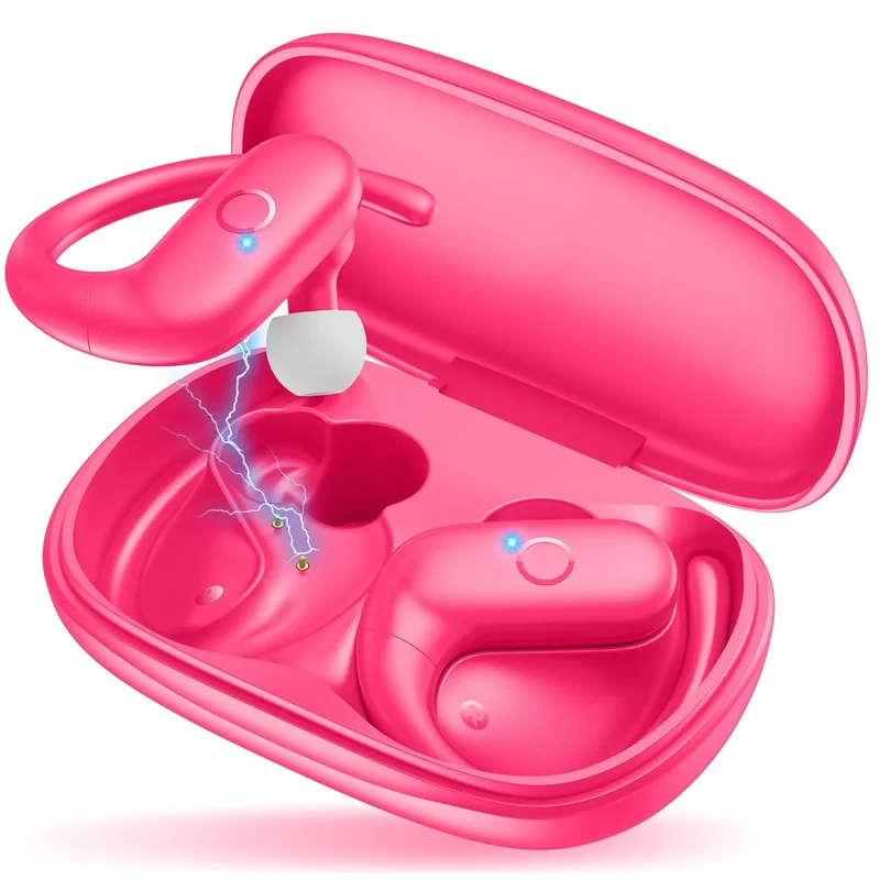 MOZOTER Bluetooth 5.3 Earbuds - 60H Playtime, Deep Bass, Hook Fit Pink