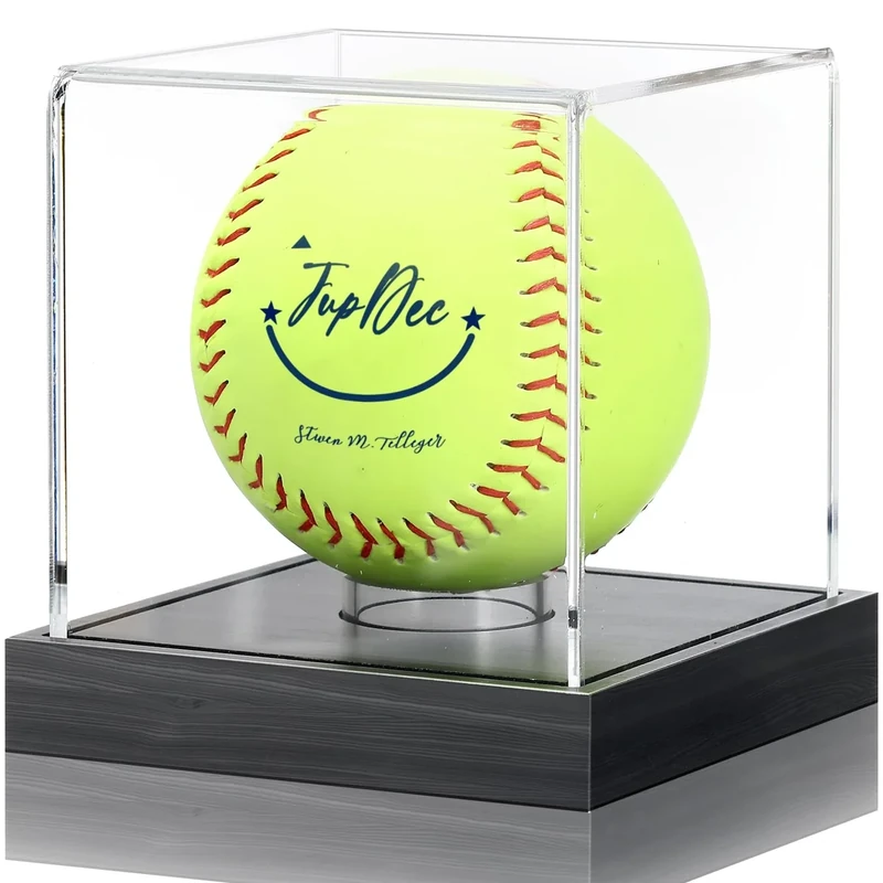 JupDec Softball Display Case Clear Acrylic Ball Holder, UV Protected Cube with Wood Base Stand, Championship Sports Collections Box Showcase, Black