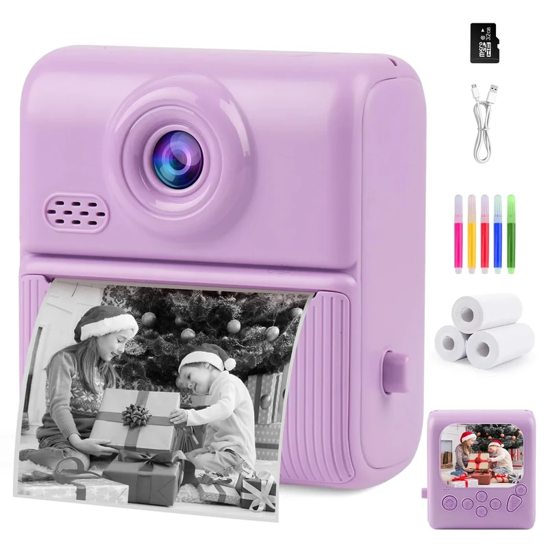 Nisumkey Instant Print Camera 1080P - 32GB Card & 3 Rolls - Purple