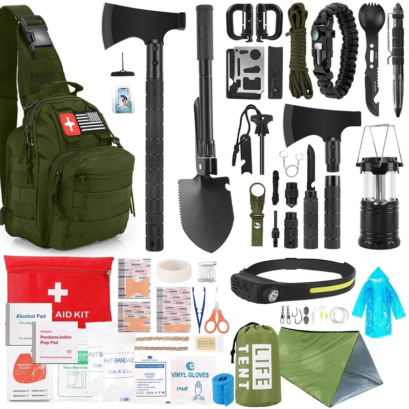Survival Kit, 268 Pcs Emergency Survival Gear and Equipment Supplies with First Aid Kit, Camping Axe, Headlamp, Crossbody Bag for Camping Hiking, Hunting, Gift for Christmas Men, Dads,