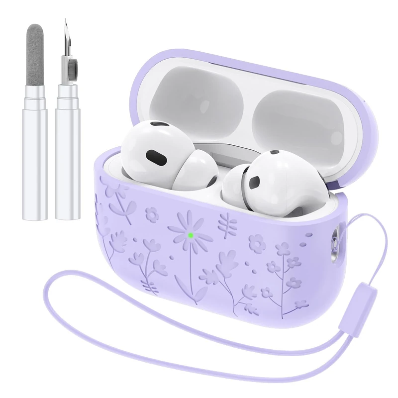 Compatible with AirPods Pro 2 Case USB C, Flower Engraved Cute Silicone Protective Case Cover for Airpods Pro 2nd Generation with Cleaner Kit and Lanyard for Women Girls (Purple)