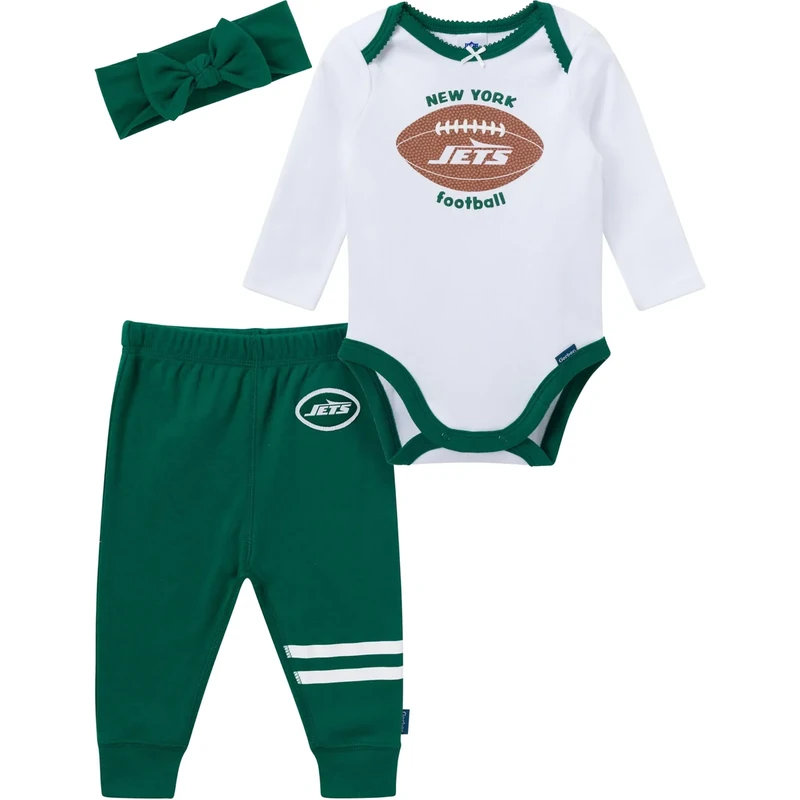 Gerber NFL Team Baby Girls' 3-Piece Onesie Bodysuit, Pants & Headband Set, Jets, 0-3 Months