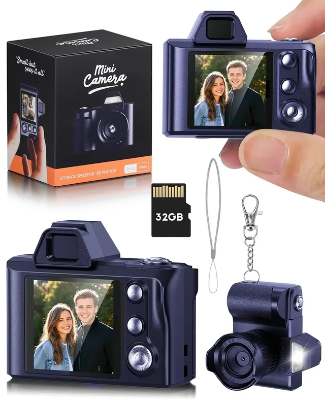 Small Digital Camera, 1080P Mini Portable Camera with 32GB SD Card, Data Cable, Key Card Clip Chain, Suitable for Traveling and Daily Use