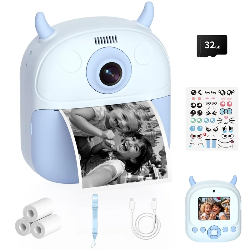 KIDAGINS Instant Print Camera - 1080P Video, 2.4" Screen, 3-12 yrs