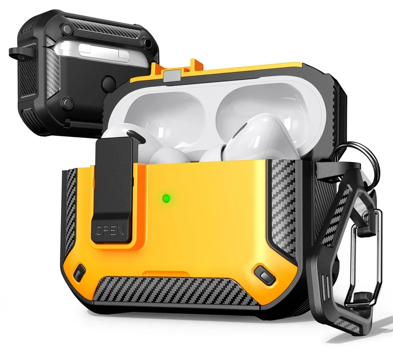 R-fun for AirPods Pro 2 Case with Cleaning Kit,Carbon Fiber Elements Military Drop Proof Auto Pop up Cover, Phone Stand and Magnetic Base with Carabiner Hook Compatible with AirPods Pro 2,Yellow