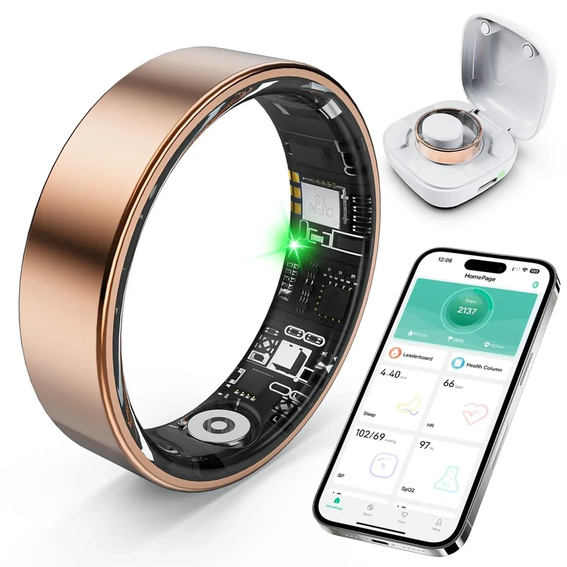 SARUNN ER Smart Ring with Sleep Monitoring, Step Counting, Heart Rate, Blood Oxygen for iPhone and Android, No Subscription Fee, IP68 Waterproof Health Tracker (Rose Gold, 9)