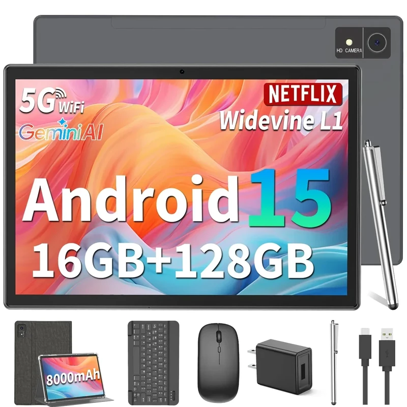 Suicoey Android 15 Tablet with Keyboard - 10 inch Tablet, 16GB+128GB, 1TB Expand, Octa-Core, 2.4G/5G WiFi, 8000mAh, BT V5.0, GMS, Widevine L1, Split-Screen, with Case, Mouse, Stylus(Black Case)
