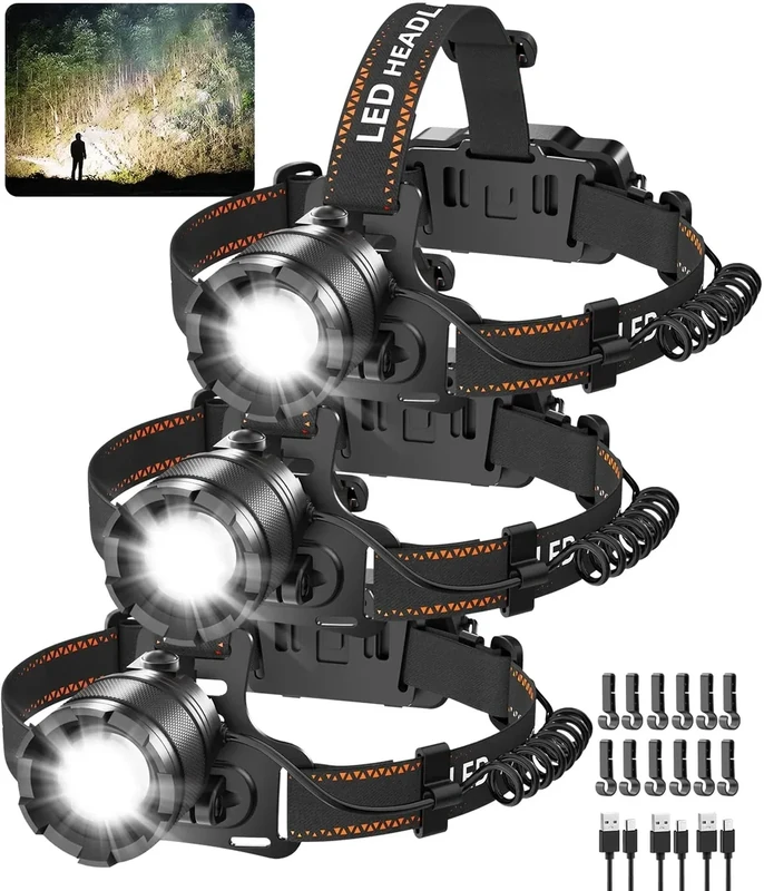 KYEKIO 3Pack Rechargeable Headlamps for Adults, Super Bright Head Lamps LED Rechargeable, 4Mode Head Lights for Forehead Hard Hat, Adjustable Focus 90°Headlight, Waterproof LED Headlamp Camping