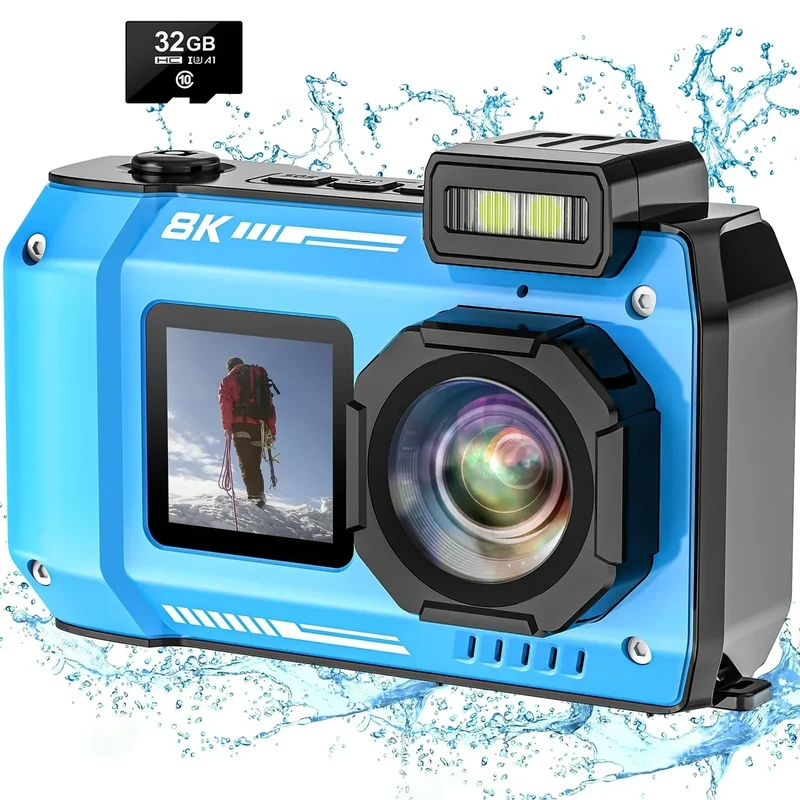 8K UHD Underwater Camera 33FT Autofocus 70MP Rugged Dustproof Shockproof Waterproof Digital Camera with 32G Card, Blue - Image 1