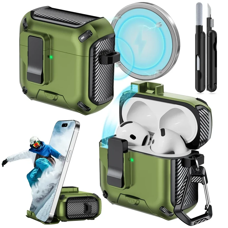 JOREMX for AirPods 4 Case (2024) with Phone Stand,（with Automatic Snap Switch） Carbon Fiber Design Protection Cover for Airpods 4 with Active Noise Cancellation with Cleaning Pen,Dark Green