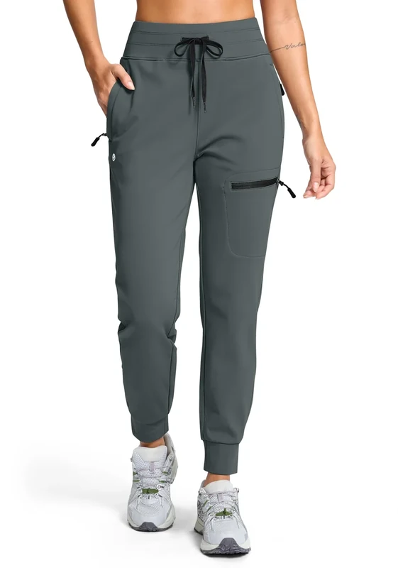G Gradual Women's Fleece Lined Joggers Hiking Pants 4 Zipper Pockets High Waisted Water Resistant Winter Running Sweatpants, Dark Grey, Large