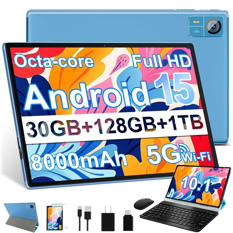 SUAAT Android 15 Tablet 30GB RAM 128GB ROM 1TB Expand, 10.1 Inch Tablets with Keyboard Mouse, Octa-Core, 8000mAh, HD IPS Display, 5G WiFi BT 5.0 GPS, Widevine L1, Gemini AI, Dual Camera - Blue