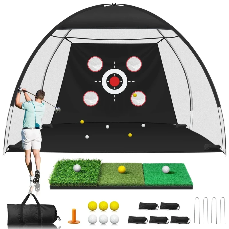 Golf Net, 9x7FT Golf Practice Net with Tri-Turf Mat for Outdoor Indoor, All-in-One Golf Hitting Aid Nets for Backyard Training Driving Chipping Swing, Gifts for Men/Him/Dad/Golfer