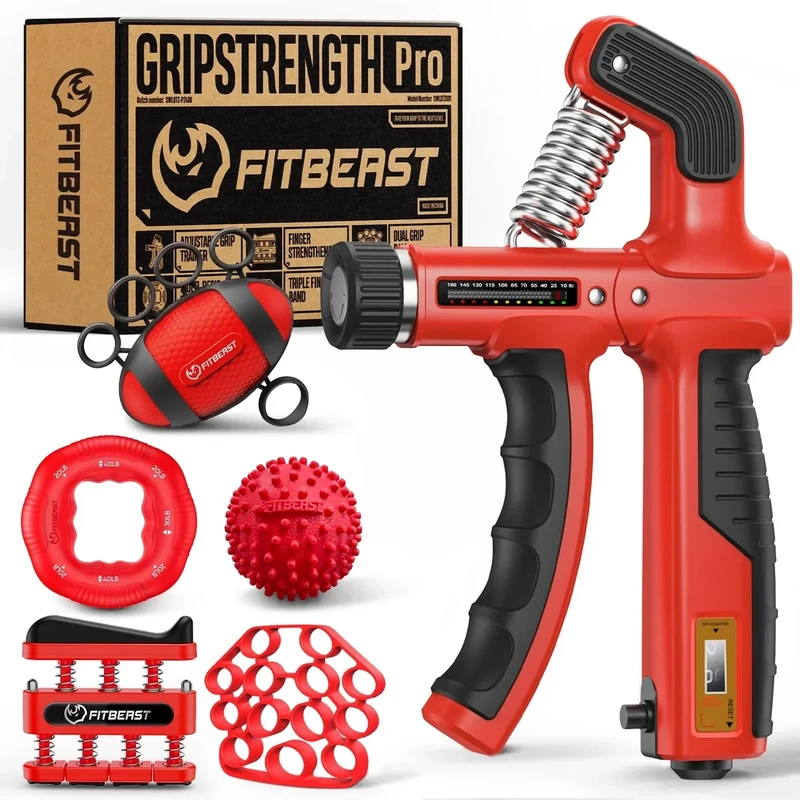 FitBeast Grip Strength Trainer, Hand Gripper Strengthener Kit - 6 Pack with Adjustable Resistance Forearm Strengthener, Forearm Exerciser and Massage Balls for Hand Therapy, Grip Training (Red)