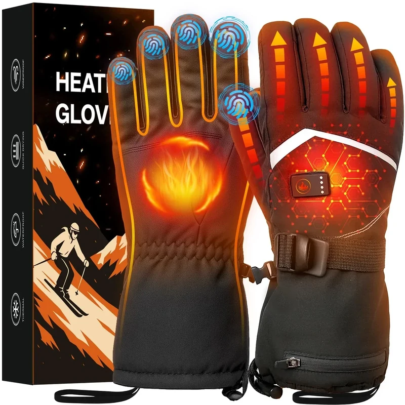 Heated Gloves, Rechargeable Heated Gloves for Men Women, Waterproof Electric Heating Ski Gloves with Touchscreen for Cold Weather Motorcycle Skiing Snowboarding Hiking Hunting Gifts (Black,M)