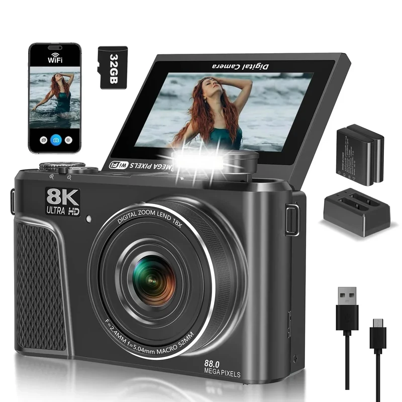 8K Digital Camera with 88MP & 3" 180° Flip Screen - 18X Zoom Auto Focus Vlogging Camera for YouTube/Photography, Includes 32GB SD Card & 2 Batteries (Gunmetal)