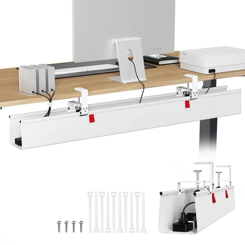 KEEGH Extra Large 48" Under Desk Cable Management Tray - Under Desk Cord Management - Clamp/Screw Mount - Support Upto 70lbs - Fabric Wire Management - Cable Raceways Cord Hider for Office/Home, White