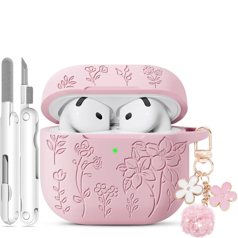 Ekoonpft for AirPods 4 Case, Soft Silicone Flower Engraved Airpod 4 Cases with Qute Keychain & Cleaning Kit, Compatible with AirPods 4th Generation 2024 Cover for Women Girly, Anti-Scratch, Shockproof