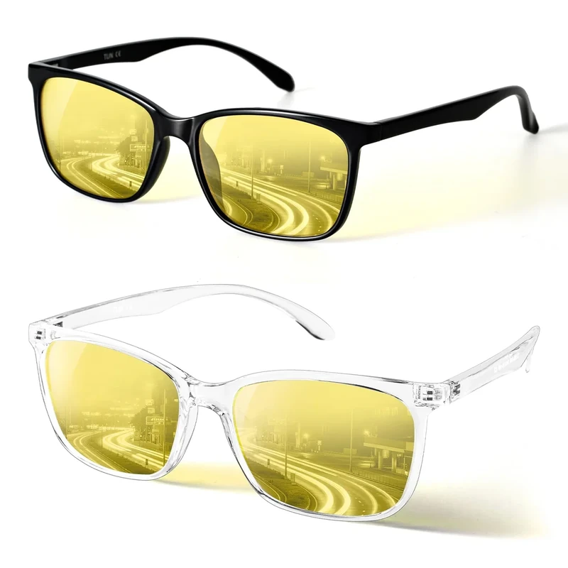 TIJN Night Driving Glasses, Anti-Glare Night Vision Glasses for Driving Women Men, UV Protection, Ultra-Light TR90, Yellow Lens, 2 Pack