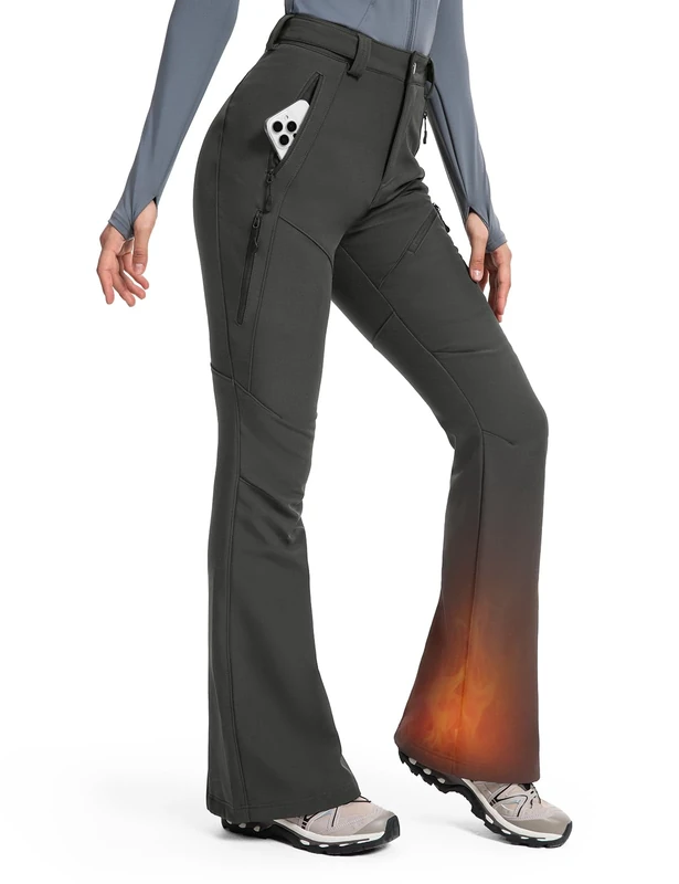 Moosehill Womens-Snow-Ski-Pants Water-Resistant Fleece Lined Warm Winter Hiking Thermal with 4 Zipper Pockets(Dark Grey, 14, 31")