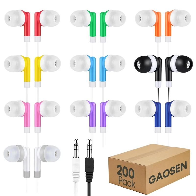 Gaosen Bulk Kids Earbuds 200 Pack for Classroom School Student,Multi Colored Wired in Ear Headphones,Wholesale 3.5mm Earphones for Chromebook Laptop PC,Individually Bagged(GS01, 200 Mixed)