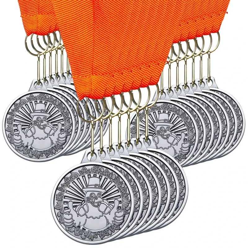 Sasylvia 20 Pcs Thanksgiving Turkey Medals 2'' Metal Colorful Turkey Trot Medals with Ribbon Leaves Wreath Race Medal Great Thanksgiving Awards (Silver)