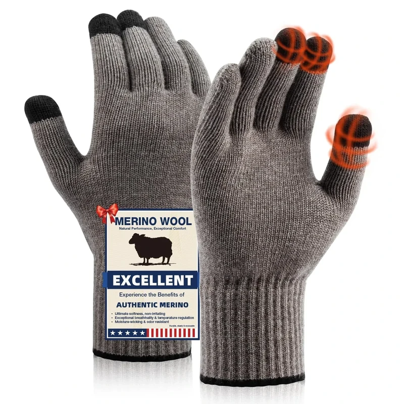 Heat equation Merino Wool Gloves for Men Women, Touch Screen Warm Glove Liners Thermal Soft Knit Lining for Winter Running Hiking L/XL Agate Gray