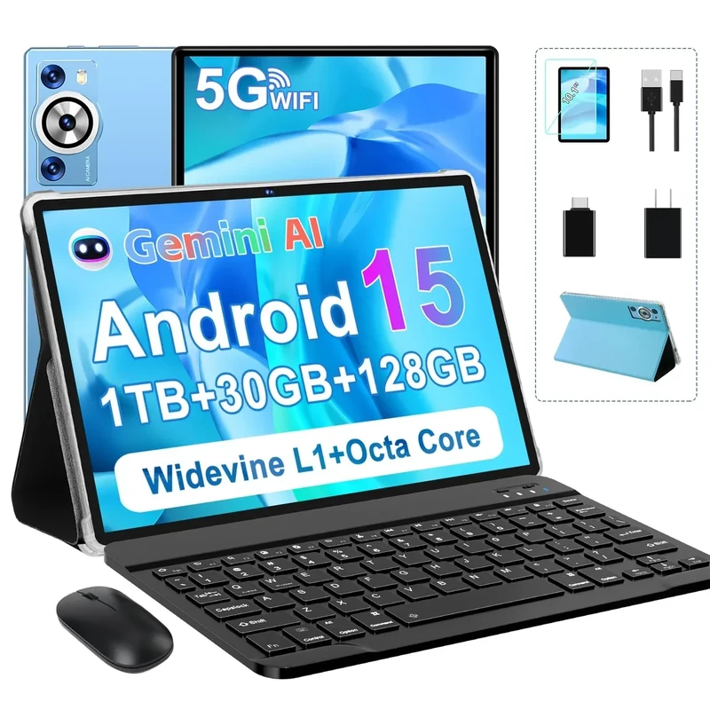DEERTiME Android 15 Tablet 30GB RAM 128GB ROM 1TB TF, 2025 Electronics Tablets 10.1 Inch 8000mAh with Keyboard Mouse, 2.0GHz, 5G WiFi, BT 5.0, GMS Certified, Incell Display, Gemini AI - Metal Blue